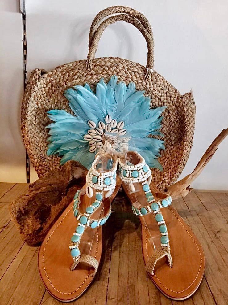 BOHO LEATHER SHOES in Turquoise Beads or Black Beads - Lemongrass Bali Boutique