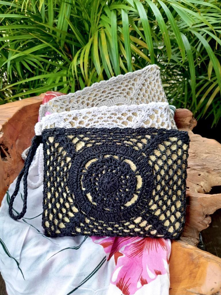 CLUTCH CROCHET in White, Grey and Black, Medium Size. - Lemongrass Bali Boutique