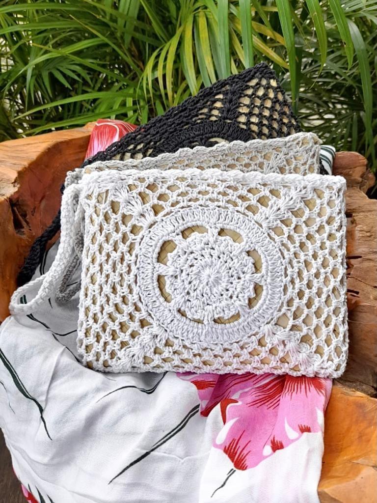 CLUTCH CROCHET in White, Grey and Black, Medium Size. - Lemongrass Bali Boutique