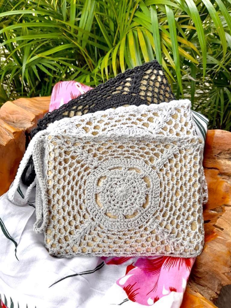 CLUTCH CROCHET in White, Grey and Black, Medium Size. - Lemongrass Bali Boutique