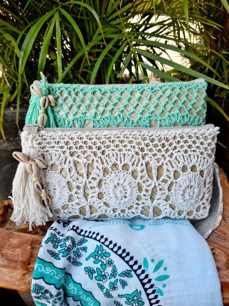 CLUTCH CROCHET WITH SHELLS Mint and Off Cream - Lemongrass Bali Boutique