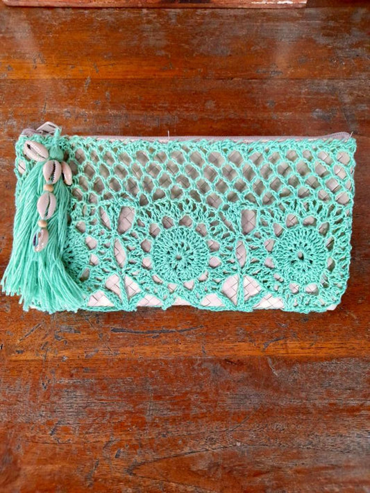 CLUTCH CROCHET WITH SHELLS Mint and Off Cream - Lemongrass Bali Boutique