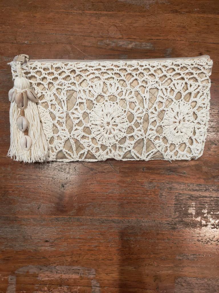 CLUTCH CROCHET WITH SHELLS Mint and Off Cream - Lemongrass Bali Boutique