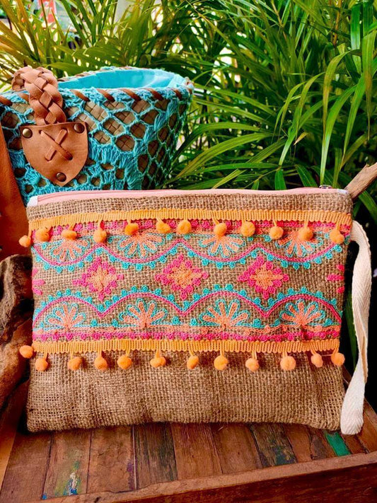 CLUTCH EMBROIDERY AZTEC in Coral and New Pink - Lemongrass Bali Boutique