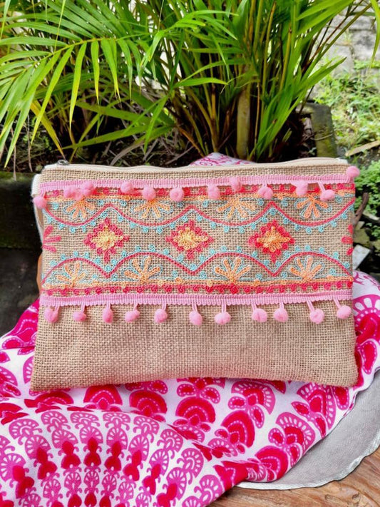 CLUTCH EMBROIDERY AZTEC in Coral and New Pink - Lemongrass Bali Boutique