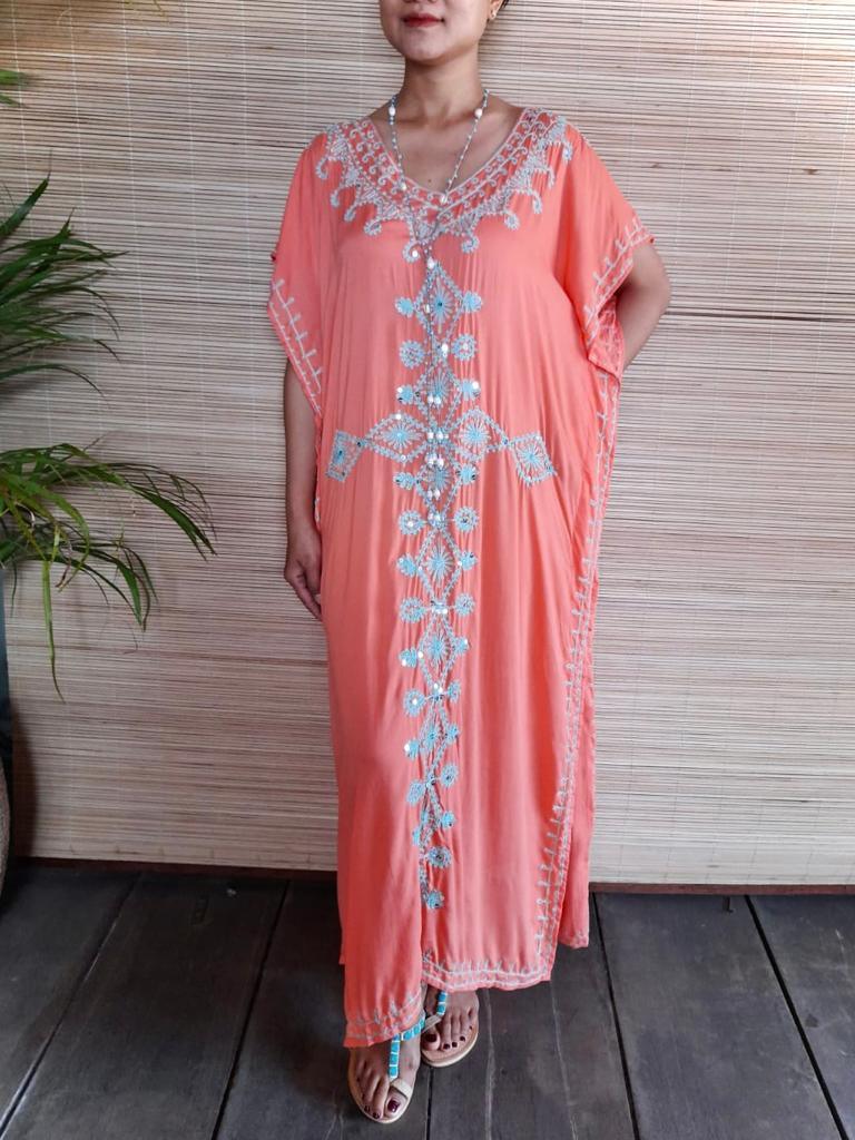 LONG DRESS TUNIS New Coral/ Embroidery Soft Turquoise - Lemongrass Bali Boutique