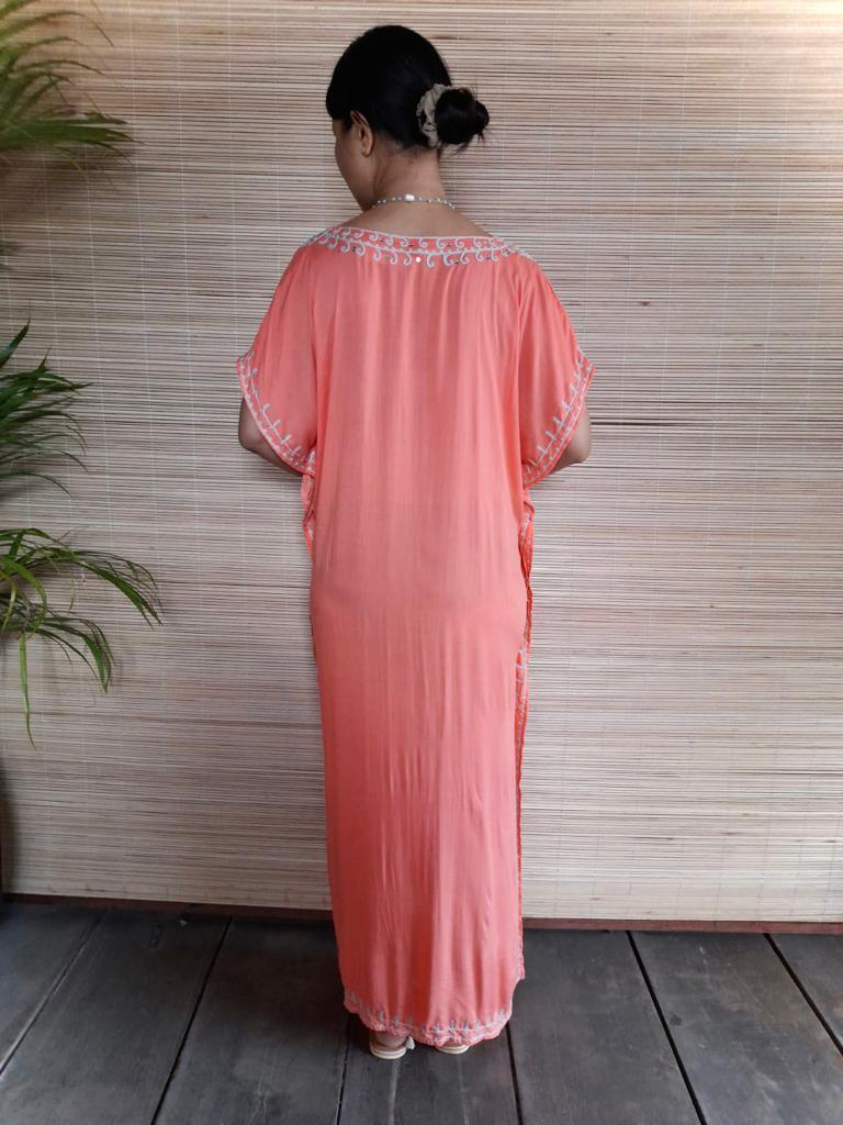 LONG DRESS TUNIS New Coral/ Embroidery Soft Turquoise - Lemongrass Bali Boutique