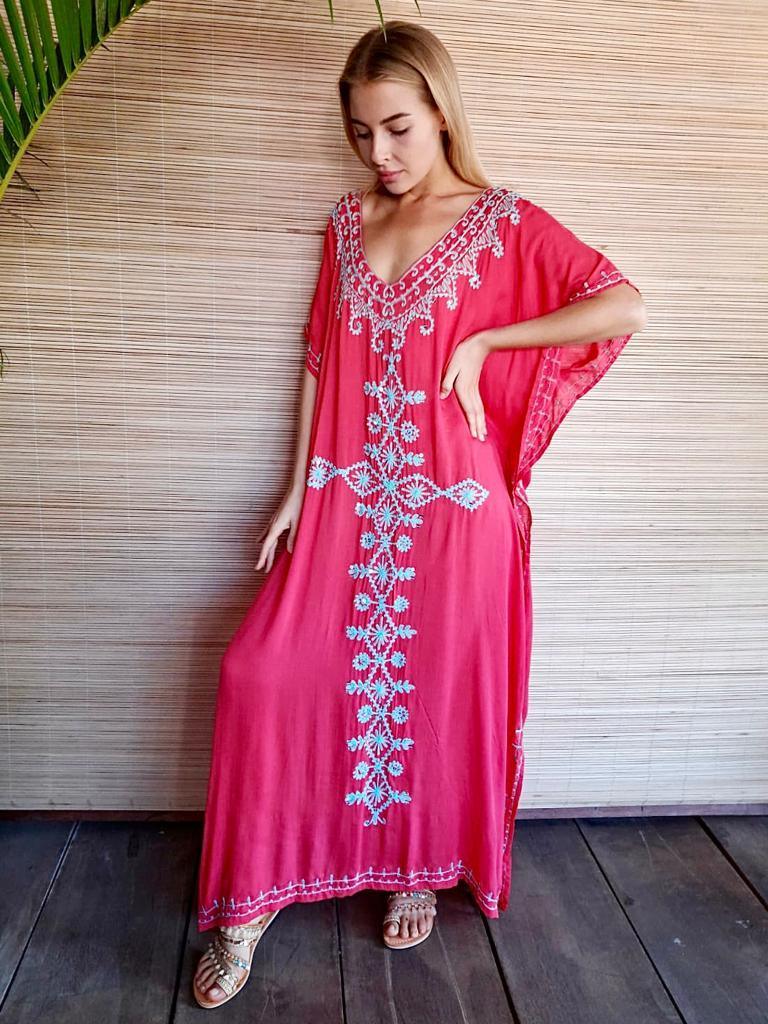 LONG DRESS TUNIS Raspberry, Turquoise and Coral - Lemongrass Bali Boutique