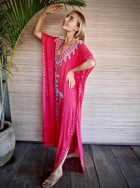 LONG DRESS TUNIS Raspberry, Turquoise and Coral - Lemongrass Bali Boutique