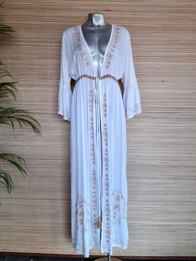 LONG KAFTAN BELLA New White/ Embroidery Beige - Lemongrass Bali Boutique
