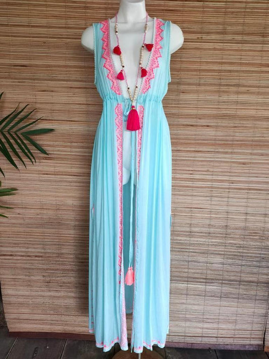 LONG KAFTAN EDEN in Grey and Turquoise - Lemongrass Bali Boutique