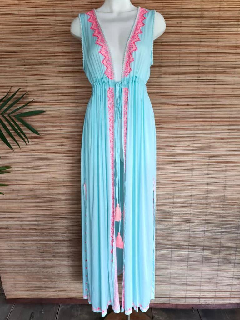 LONG KAFTAN EDEN in Grey and Turquoise - Lemongrass Bali Boutique