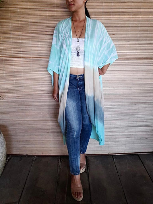 LONG KAFTAN New Tie Dye Mint/ Grey/ Beige - Lemongrass Bali Boutique