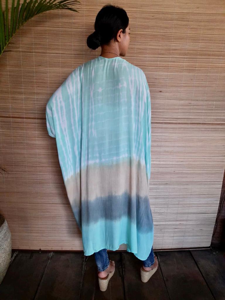 LONG KAFTAN New Tie Dye Mint/ Grey/ Beige - Lemongrass Bali Boutique