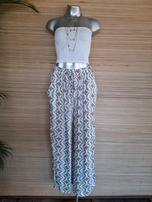 LONG PANT MEGGY Print Khaki/ White - Lemongrass Bali Boutique