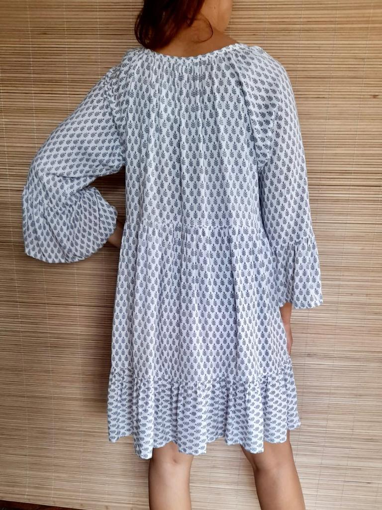 SHORT DRESS MONA in Print Grey and Flower White/ Sand - Lemongrass Bali Boutique