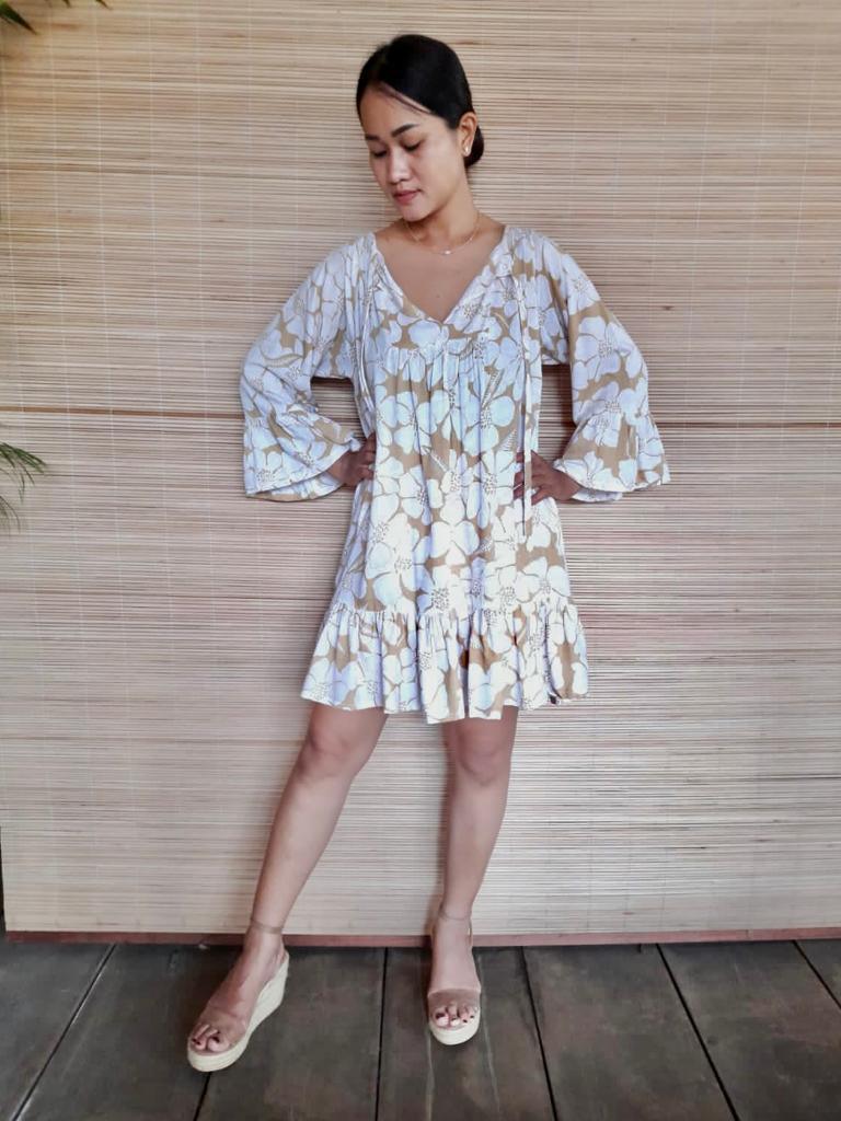 SHORT DRESS MONA in Print Grey and Flower White/ Sand - Lemongrass Bali Boutique