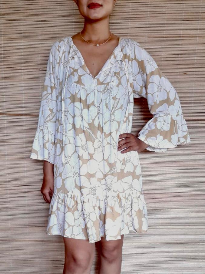 SHORT DRESS MONA in Print Grey and Flower White/ Sand - Lemongrass Bali Boutique