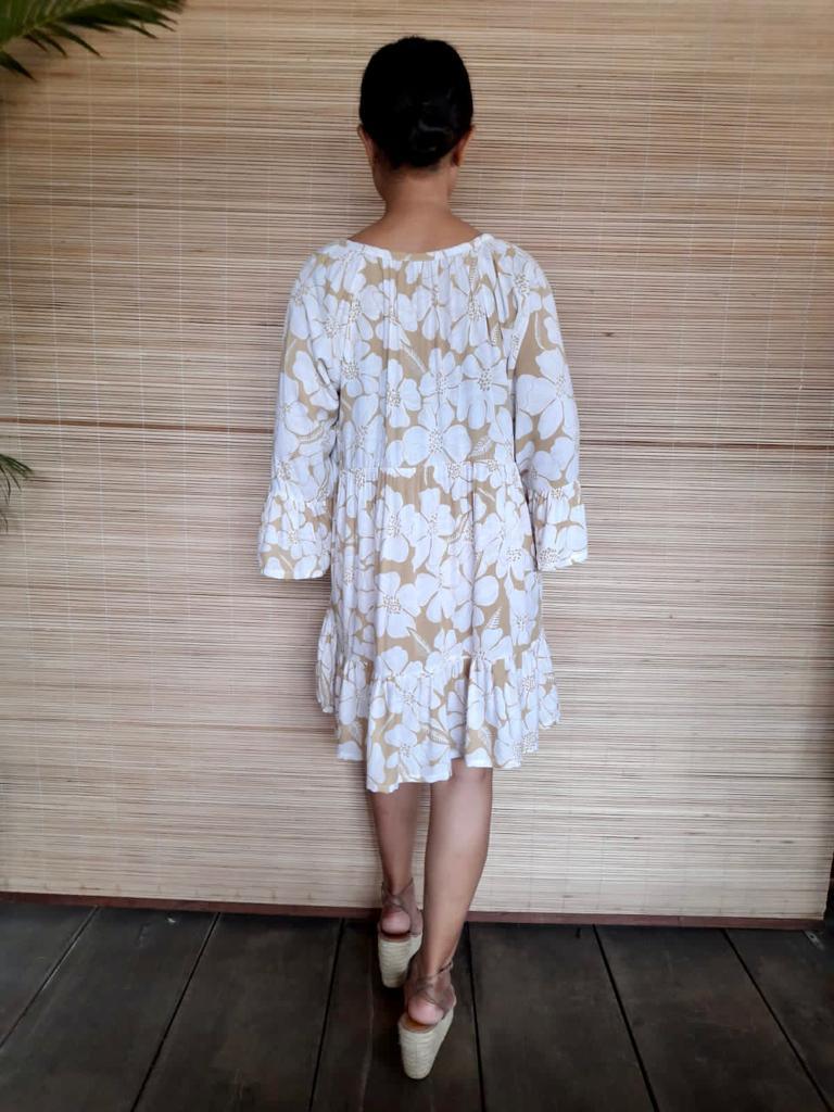SHORT DRESS MONA in Print Grey and Flower White/ Sand - Lemongrass Bali Boutique