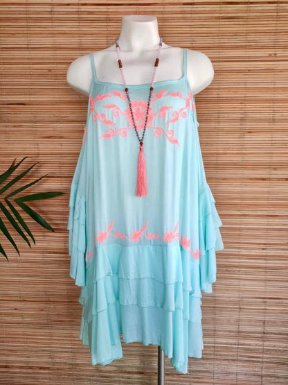 TOP/ DRESS SHIRLEY Grey and Turquoise - Lemongrass Bali Boutique